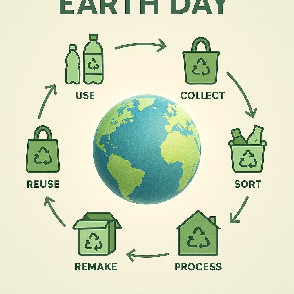 Create an educational Earth Day poster highlighting the full recycling cycle. Show a clear circular flow with labeled stages such as use, collect, sort, process, remake, and reuse, arranged around a small glowing Earth. Use clean icons, arrows, and simple diagrams to teach how materials move through the cycle. Apply fresh greens and blues, soft natural light, and a calm, modern layout. Emphasize responsibility, renewal, and community action.